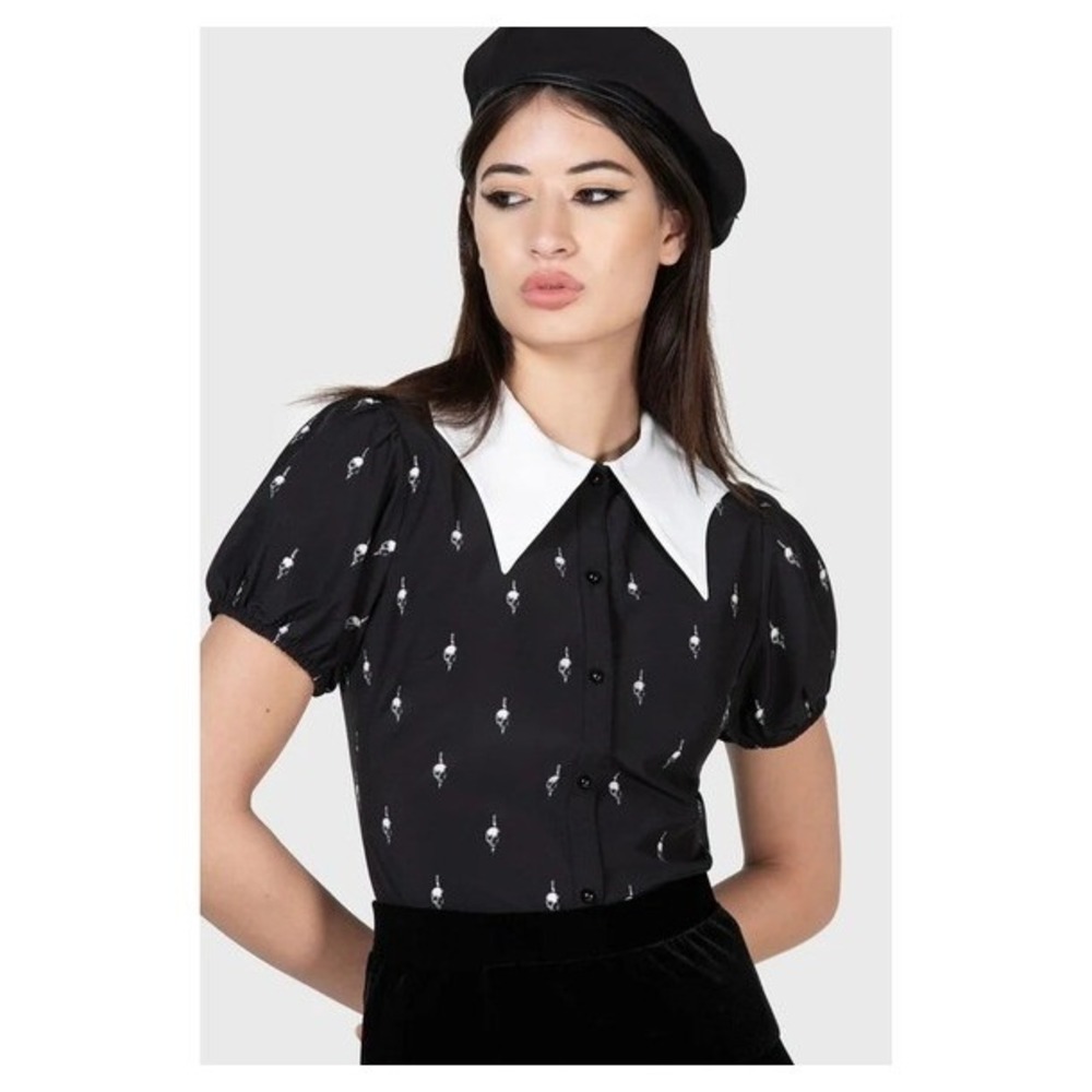 Killstar my little death trap white collar skull print blouse
